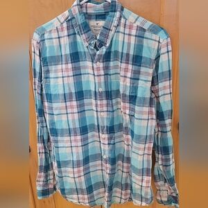 American Eagle Outfitters Teal and Pink Plaid Shirt